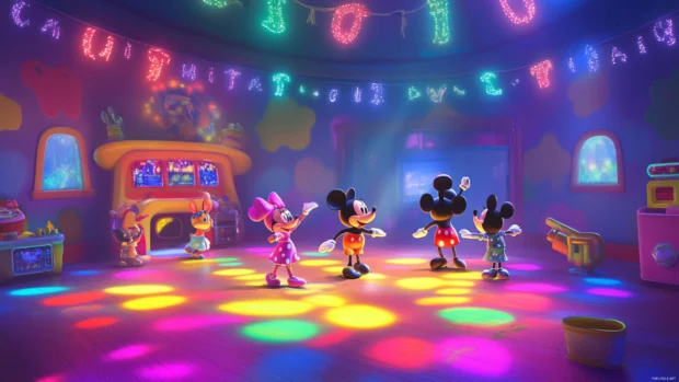 Inside the Mickey Mouse Clubhouse, friends dance around colorful lights.