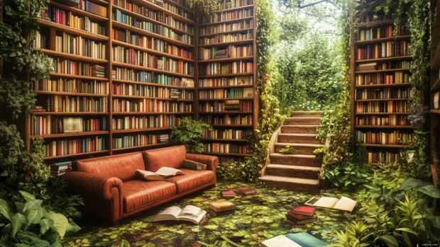 Inspired by the Best nature wallpapers for PC, this design showcases a vivid Fantasy Library.