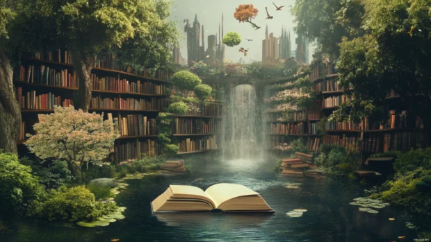 Inspired by the Top scenic wallpapers for PC, this design showcases a vivid Fantasy Library.