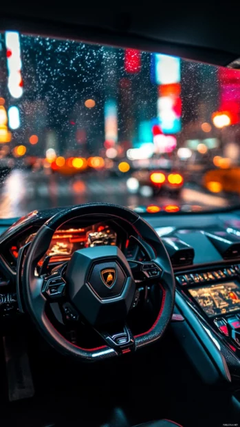 Interior focused vertical Lamborghini view showing dashboard and wheel with city blur outside.