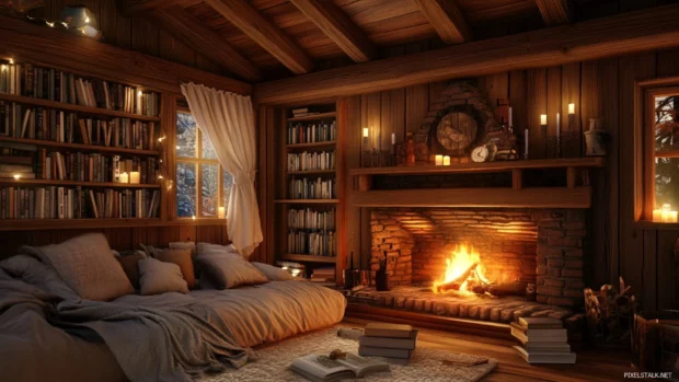 Interior of cozy wooden cabin with fireplace, books and warm lights.