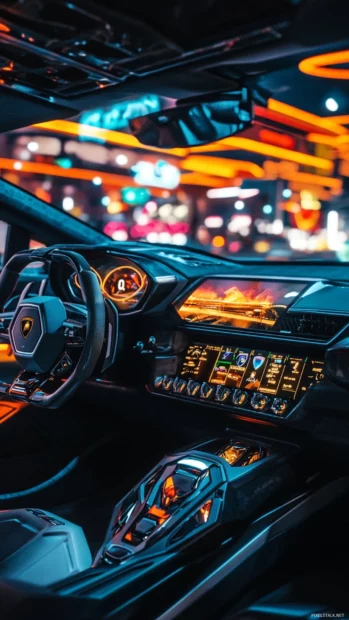 Interior view of Lamborghini cockpit with racing dials aglow.