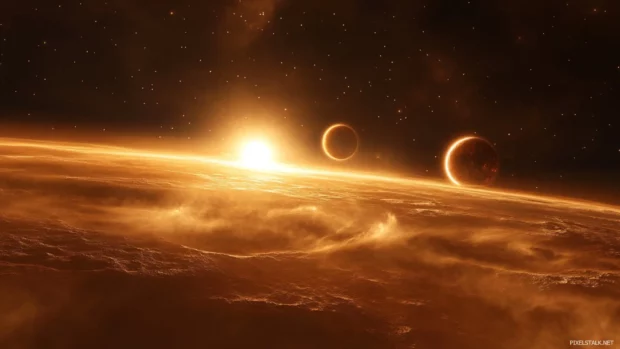 Interstellar view with glowing planets and cosmic dust, tailored for outer space wallpaper in.