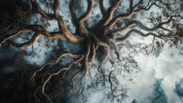 Intertwined roots of an ancient cosmic tree, connecting all things, a grounding yet trippy concept.