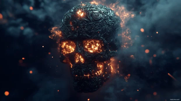 Intricate black skull, detailed engravings, glowing smoke.