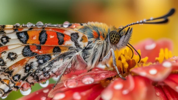 Intricate close up of a butterfly resting on a dewy flower, with vivid details on its delicate wings.