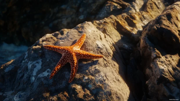 Intricate details on the texture of a bright orange starfish crawling along a rock are illuminated by soft sunlight in a close up scene.