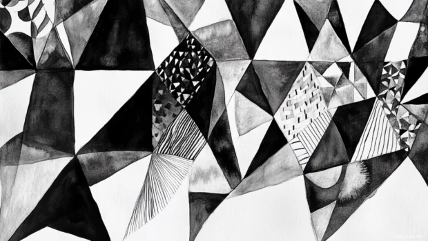 Intricate geometric patterns painted in black and white watercolor.