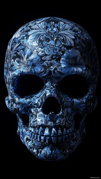 Intricately patterned blue skull, floral designs, lighter blue accents, black backdrop.