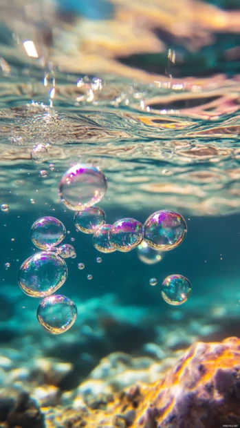Iridescent bubbles rising gently through clear water.