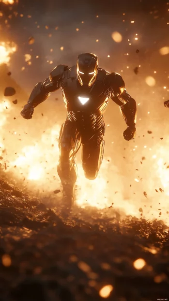 Iron Man Focused as he dashes through glowing debris in a field of smoke and flame.