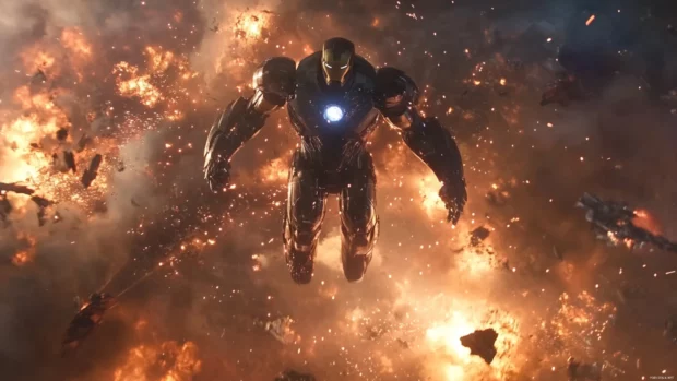 Iron Man Mark I rises above a destroyed battlefield with sparks flying around.