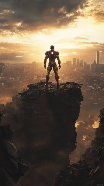 Iron Man Rising as he stares into the horizon at the edge of a broken city.
