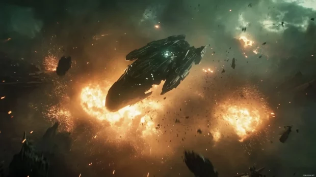 Iron Man Stealth Suit rises above a destroyed battlefield with sparks flying around.