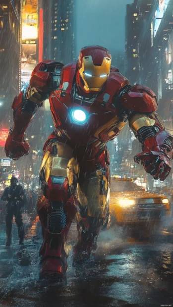 Iron Man battling robots in a dystopian city.