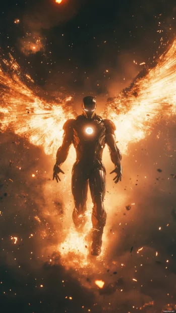 Iron Man emerging from an explosion, wings deployed.