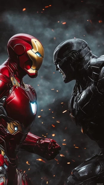 Iron Man facing off against a dark armored villain.