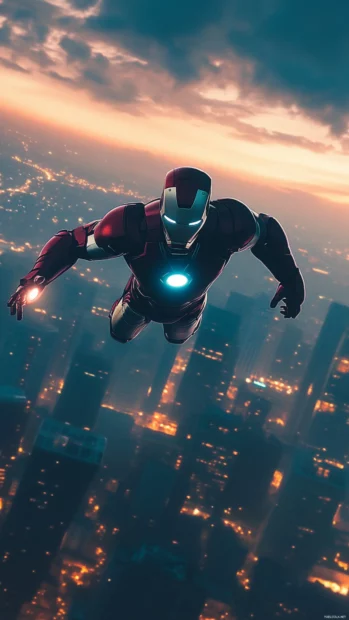 Iron Man flying above a futuristic skyline at dusk, top Iron Man iPhone wallpaper aesthetic.