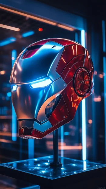Iron Man helmet on display in a high tech lab.