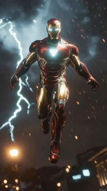 Iron Man hovering in the air with thunder in the background.
