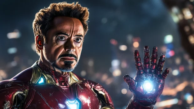Iron Man in Cityscape as he powers up under the night sky on the rooftop of Stark Tower.
