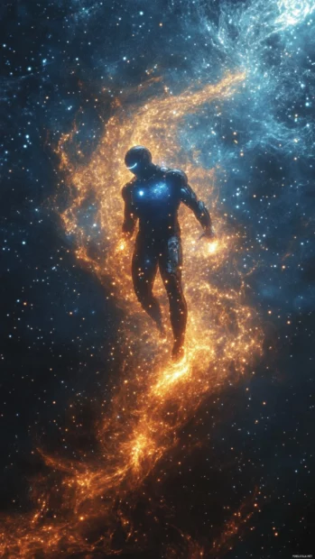 Iron Man in a cosmic battle with glowing starscape.