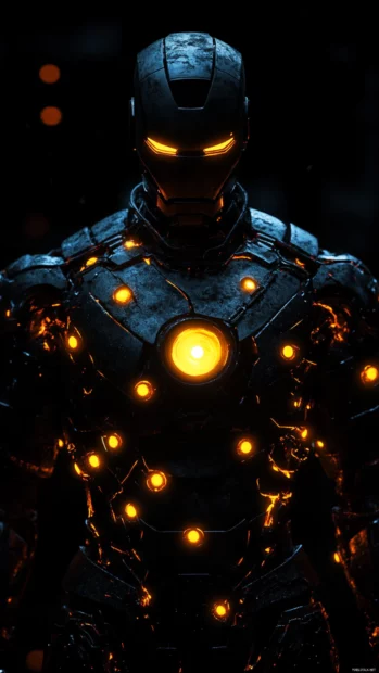 Iron Man in a dark tech suit illuminated by arc reactor glow, perfect for Iron Man iPhone Wallpapers 4K.