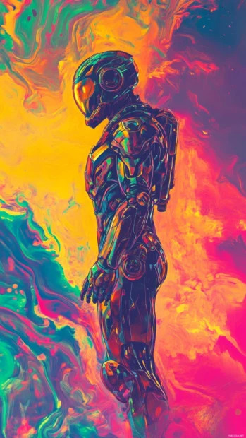 Iron Man in anime style armor, vibrant backdrop.