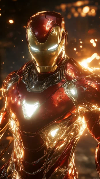 Iron Man in battle mode, stunning lighting, among top Iron Man wallpapers for iPhone.