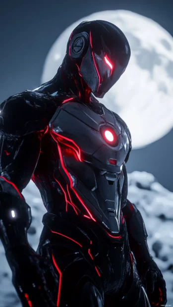 Iron Man in stealth black and red suit under moonlight.