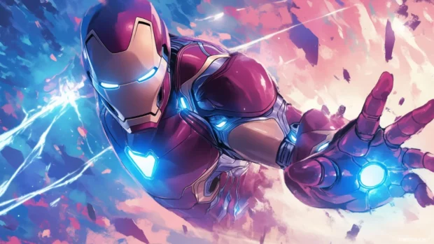 Iron Man launching into a cotton candy nebula with spark trails.