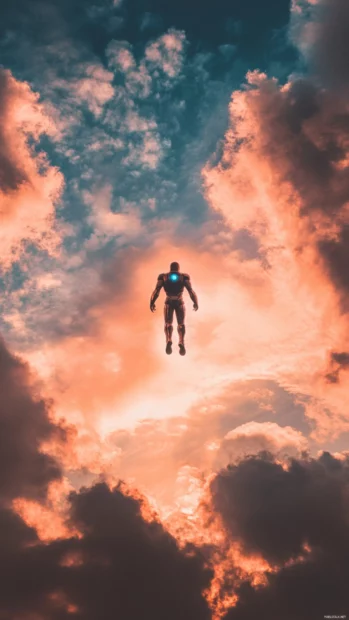 Iron Man mid flight in a cloudy sky at sunset.