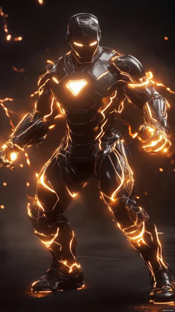 Iron Man ready for action, glowing repulsors, fitting Marvel wallpaper for iPhone users.