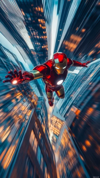 Iron Man soaring between skyscrapers with motion blur.