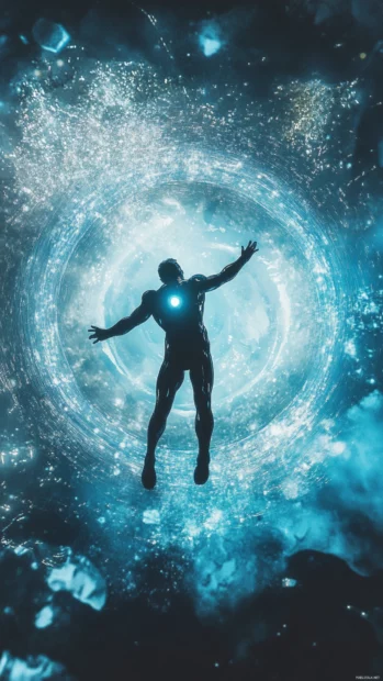 Iron Man soaring through rings of blue energy.