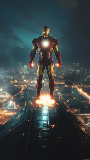 Iron Man standing atop a building, city glowing below.