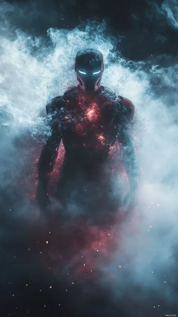 Iron Man surrounded by smoke and sparks, high res option from popular Marvel mobile wallpapers.