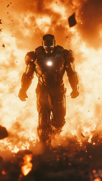 Iron Man walking through fire and debris, powerful stance.