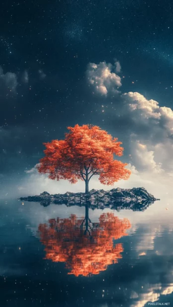 Isolated trees under deep black starry skies.