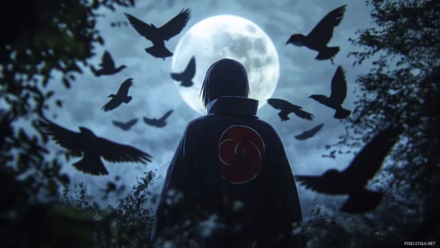 Itachi in the moonlight with crows flying in the background.