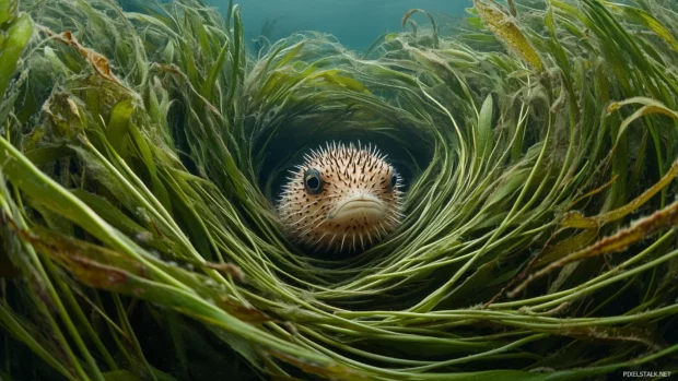 Its body puffed out with delicate spines visible as the ocean currents gently sway, a serene scene depicts a pufferfish resting in a patch of seagrass.