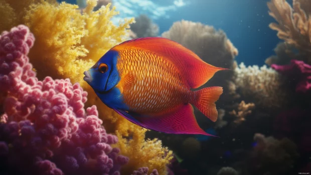 Its elegant fins flowing amidst bright underwater flora, a vibrant angelfish glides through a colorful coral reef.