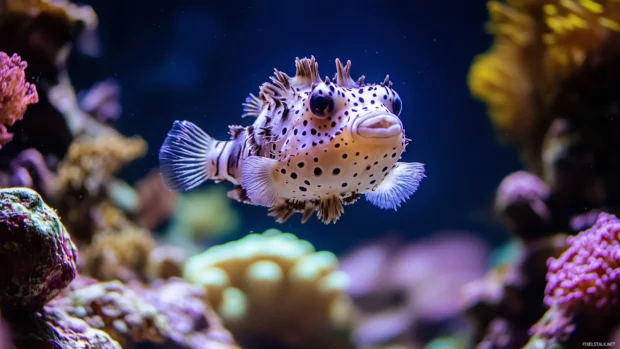 Its inflated body and quills standing out against the colorful ocean backdrop, a pufferfish swims gracefully among vibrant coral reefs.
