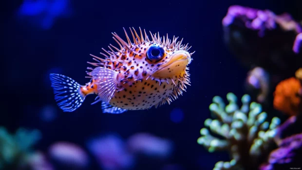 Its spiky body puffed up, a curious pufferfish explores the ocean floor while swimming past bright coral and marine life.