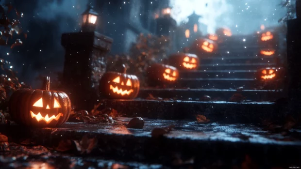 Jack o lanterns glowing in a line on spooky steps Halloween PC.