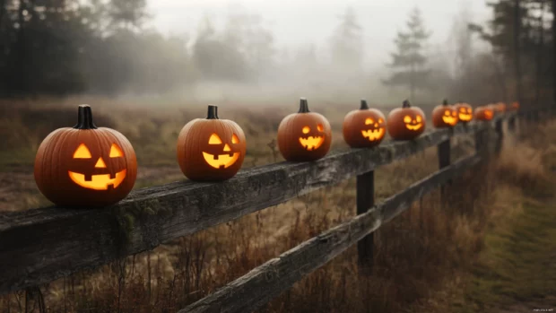 Jack o lanterns lined up on a wooden fence in a misty field.