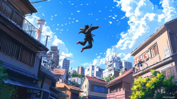 Japanese anime PC backgrounds, Futuristic ninja jumping through cityscape.