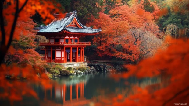 Japanese temple in autumn, PC wallpapers 1920x1080 anime style inspired background.