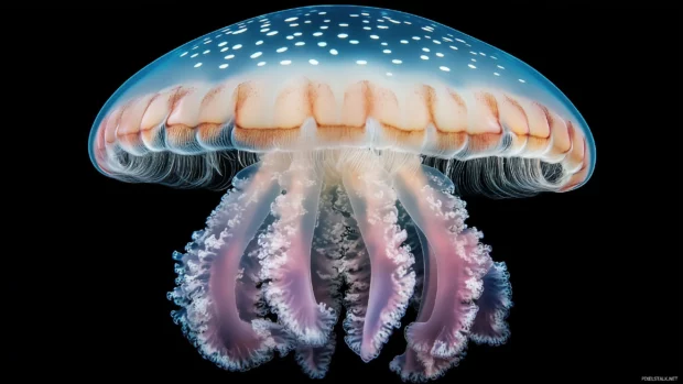 Jellyfish captured from below, its elegant bell and tentacles glowing in bright shades of pink and blue, floating in dark waters.