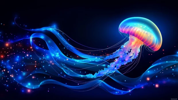 Jellyfish in motion, with its tentacles elegantly trailing behind it, surrounded by dark blue waters and glowing light patterns.